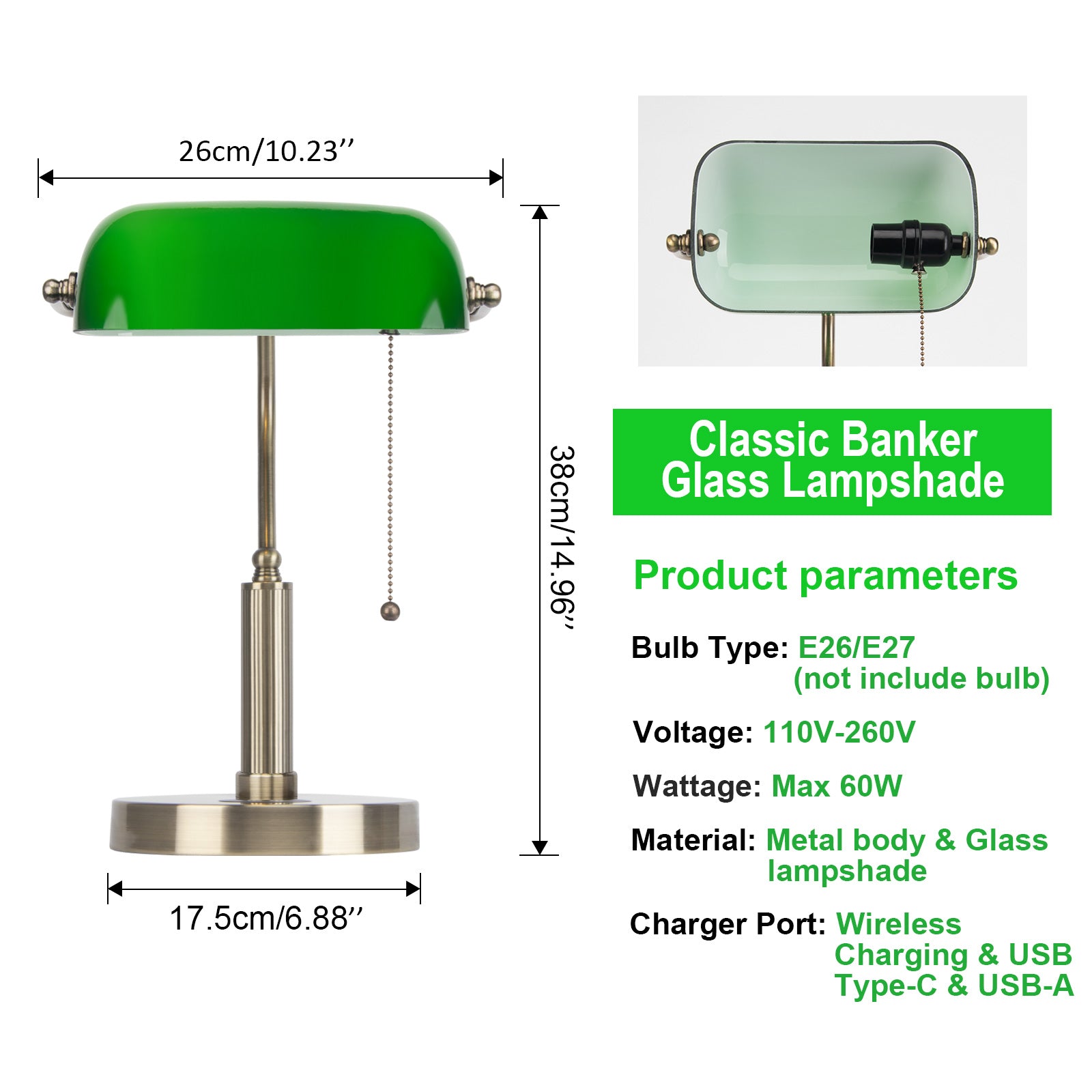 Jeuneu Glass Classic Bankers Desk Lamp with USB Wireless Charging