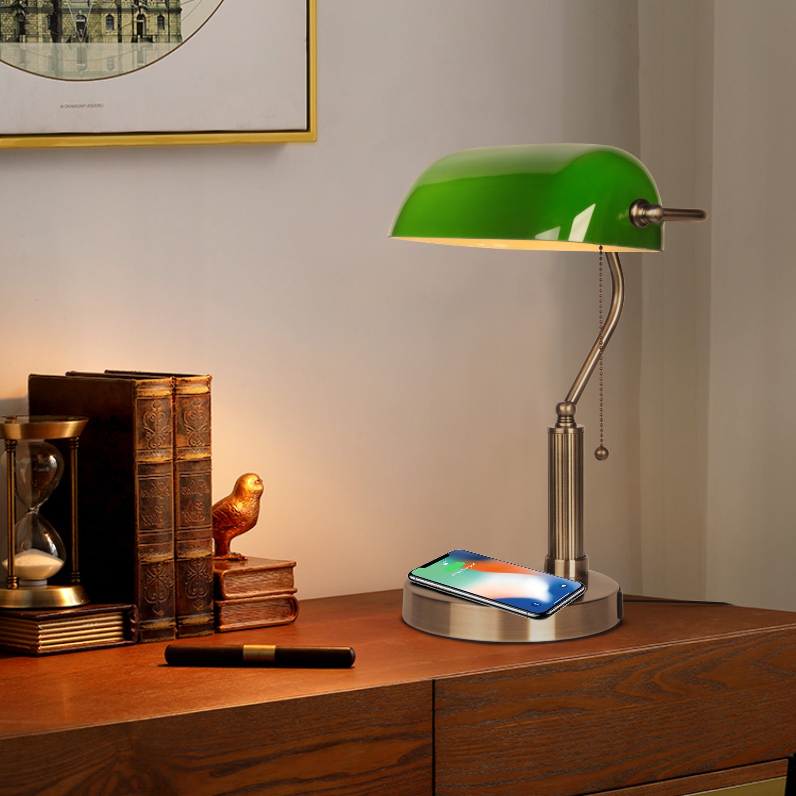 Jeuneu Glass Classic Bankers Desk Lamp with USB Wireless Charging