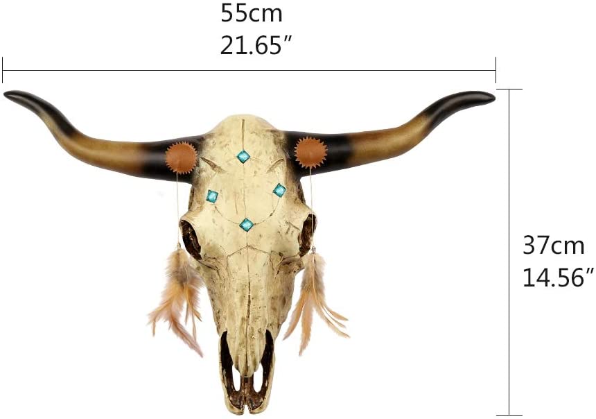 JEUNEU Rustic Bull Skull Feathers Animal Wall Hanging Artificial Resin Decoration