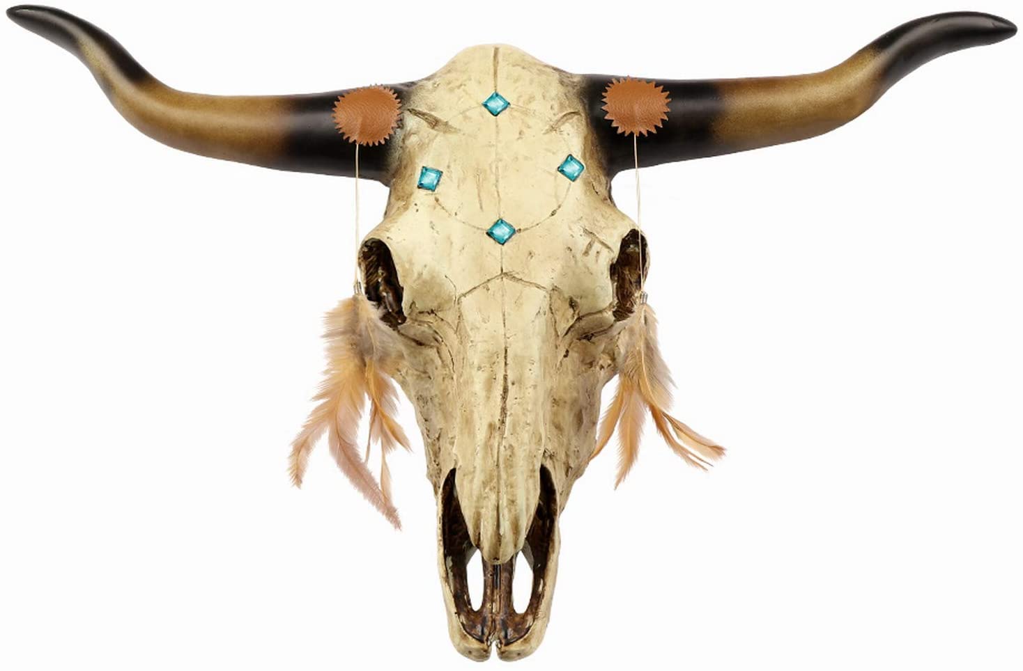 JEUNEU Rustic Bull Skull Feathers Animal Wall Hanging Artificial Resin Decoration