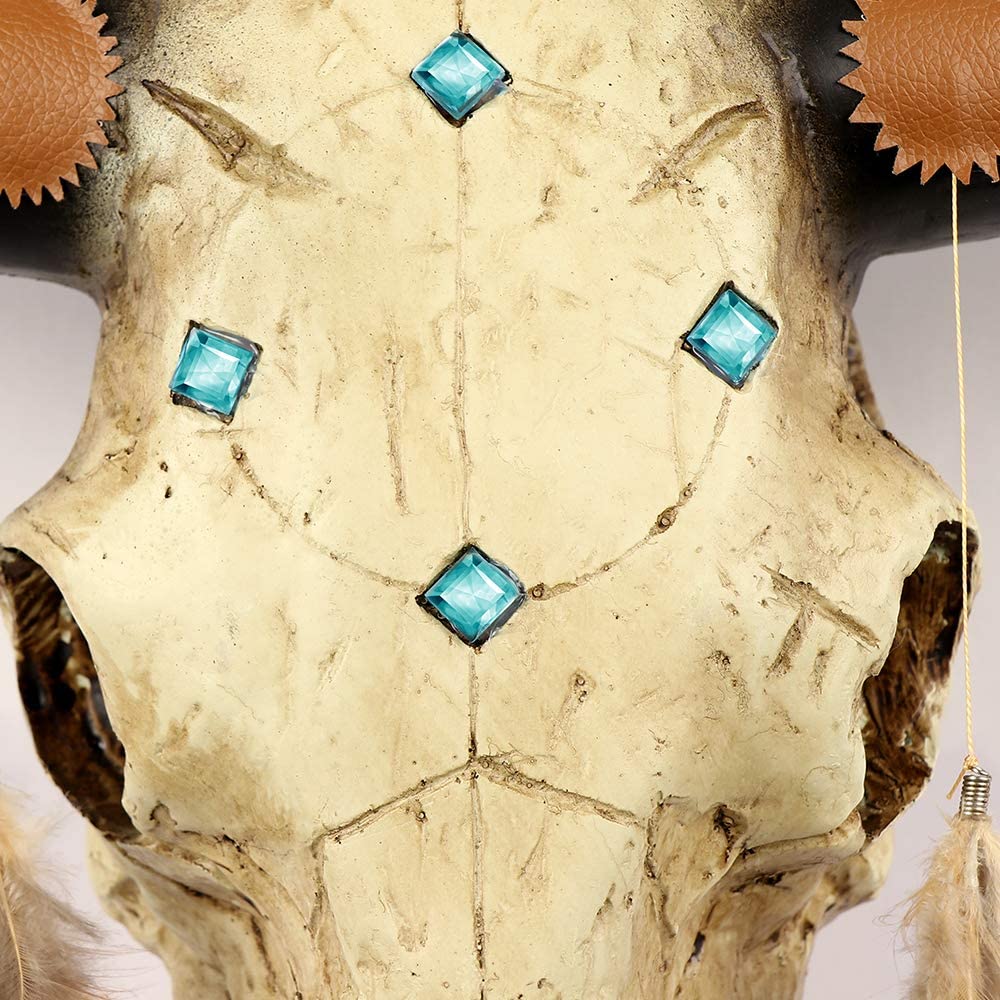 JEUNEU Rustic Bull Skull Feathers Animal Wall Hanging Artificial Resin Decoration
