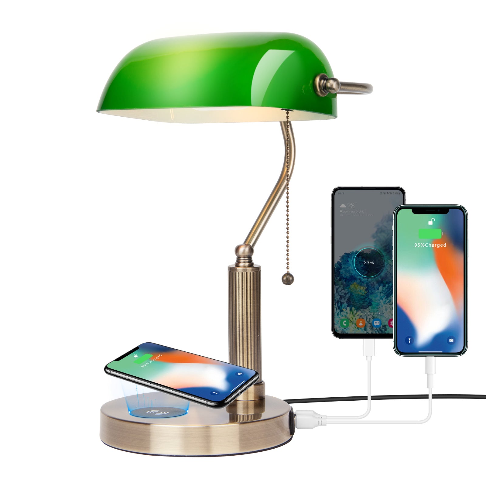 Jeuneu Glass Classic Bankers Desk Lamp with USB Wireless Charging