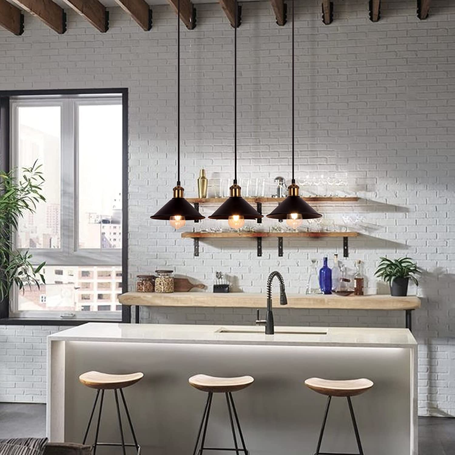 FIRVRE 3-Light Adjustable Hanging Retro Metal Pendant Lamp