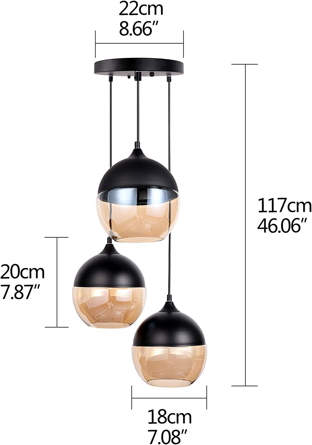 JEUNEU 3-Heads Glass Hanging Pendant Lights