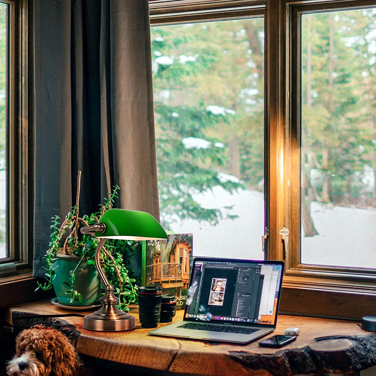 JEUNEU Green Glass Bankers Desk Lamp