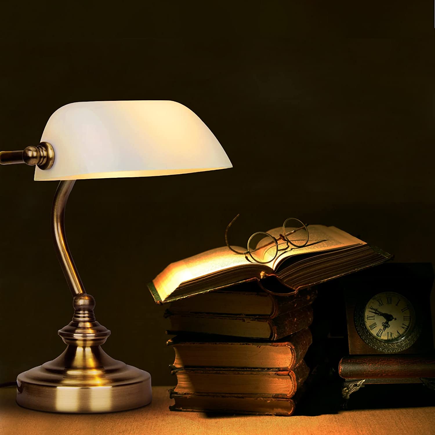 JEUNEU Traditional Glass Bankers Desk Lamp - Mini Retro Milk White Desk Light